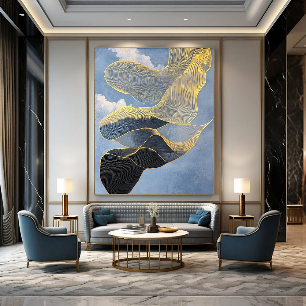 An Abstract Artwork Featuring An Elegant Gold And Black Scarf Floating Against A Crisp Blue Sky With Intricate Details And High Contrast.STSC1283