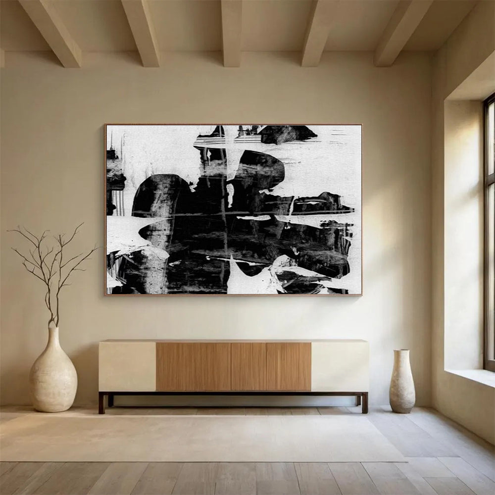 Monochrome Abstract Painting with Black and White Contrasts THY134