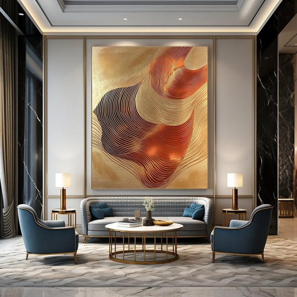 A large abstract artwork featuring elegant copper foil waves on golden paper exuding fluidity and harmony for any design space.STSC1440