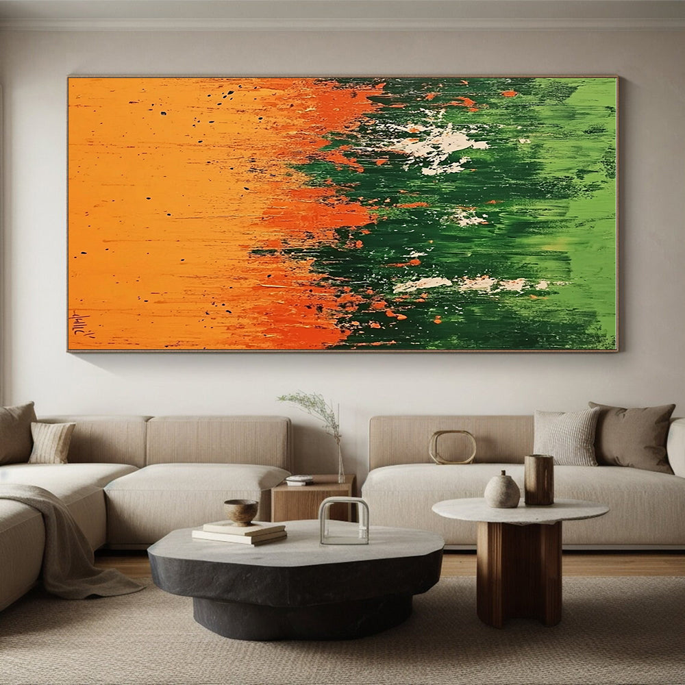 Green Orange Abstract Painting with Dripping Effects GER491