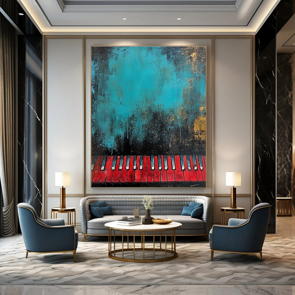 Large abstract painting in teal and black featuring textured red piano keys at the bottom for a striking visual impact.STSC230
