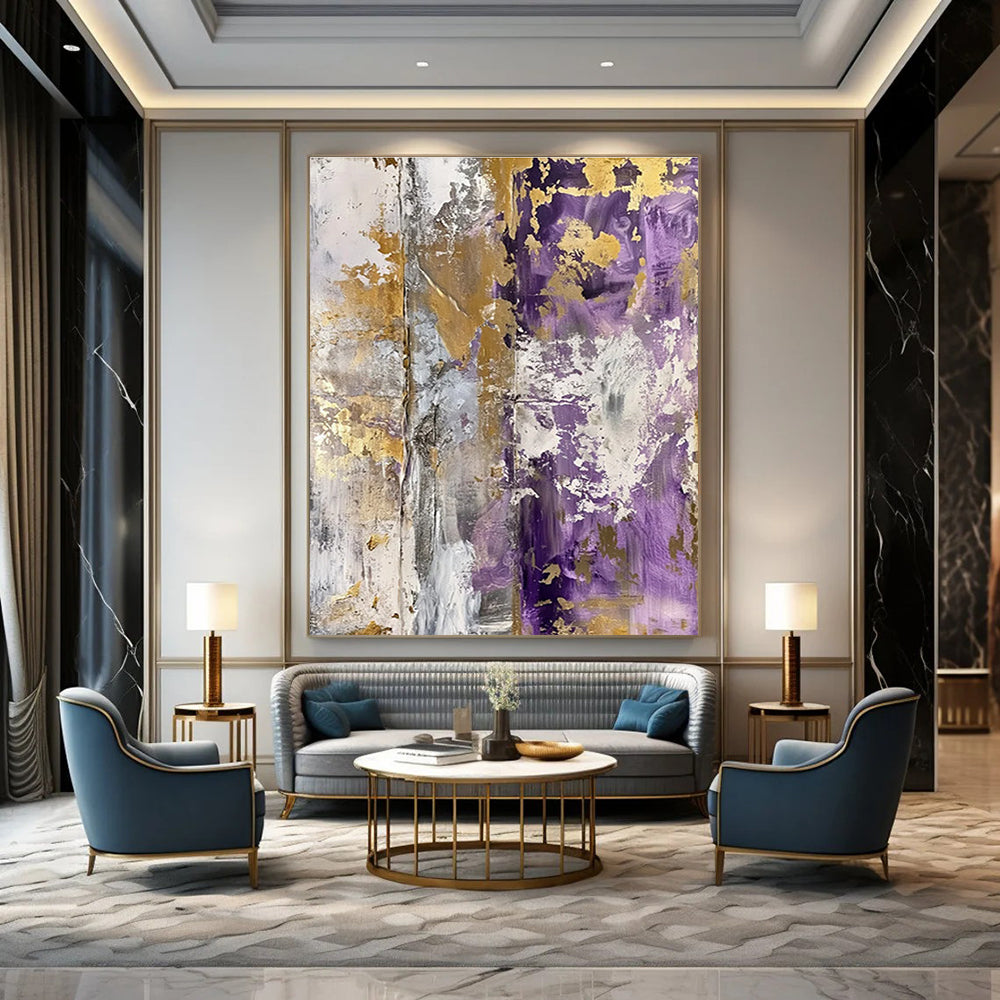 Purple and Gold Textured Abstract Painting with Gray Accents ADGE134