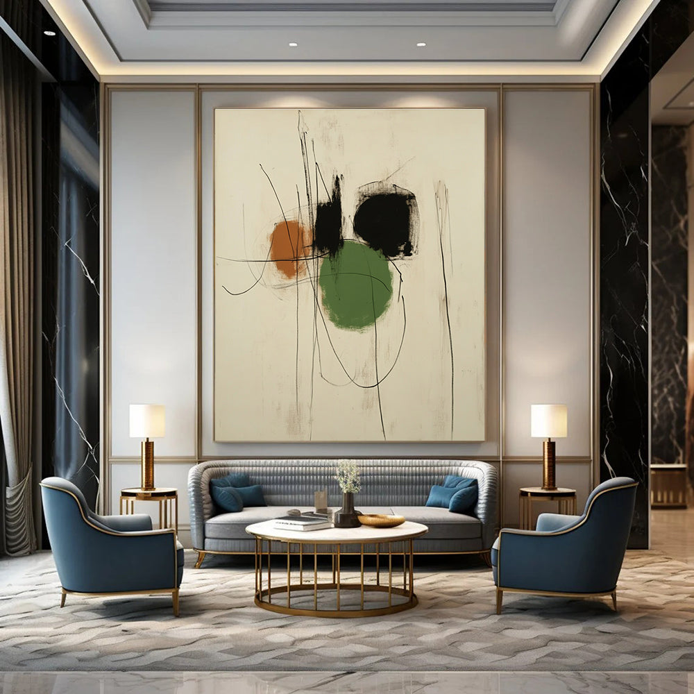 Large abstract drawing in the style of Antoni Gaudí featuring black and green shapes with pastel shades on a white background.STSC547