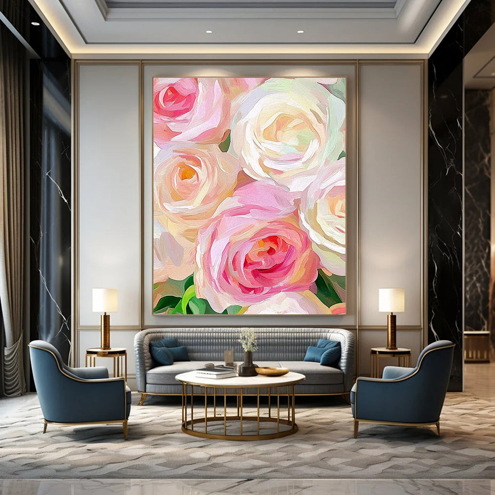 A large abstract painting featuring soft pink and cream roses with loose brushstrokes and a blurred background highlights the flowers' vibrant texture.STSC944