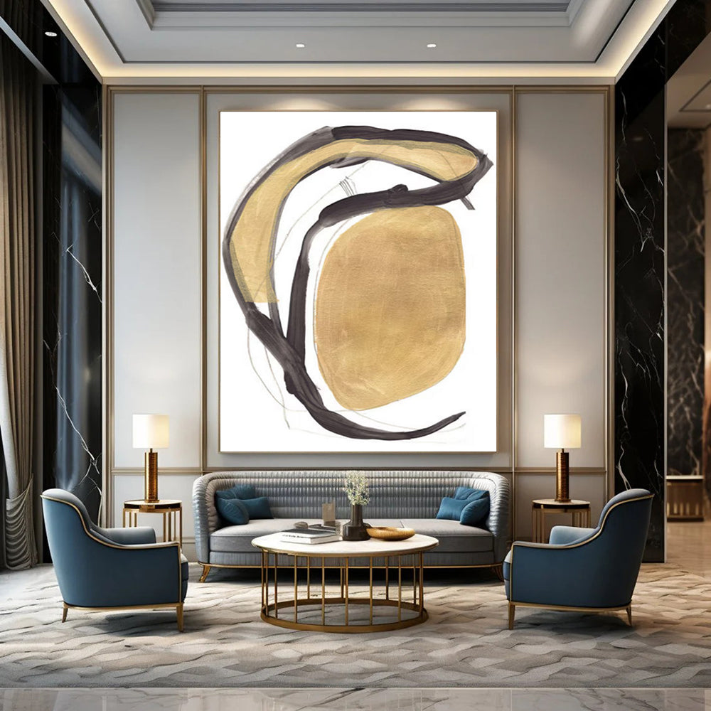 Gold and Black Curved Forms Abstract Painting ADGE223