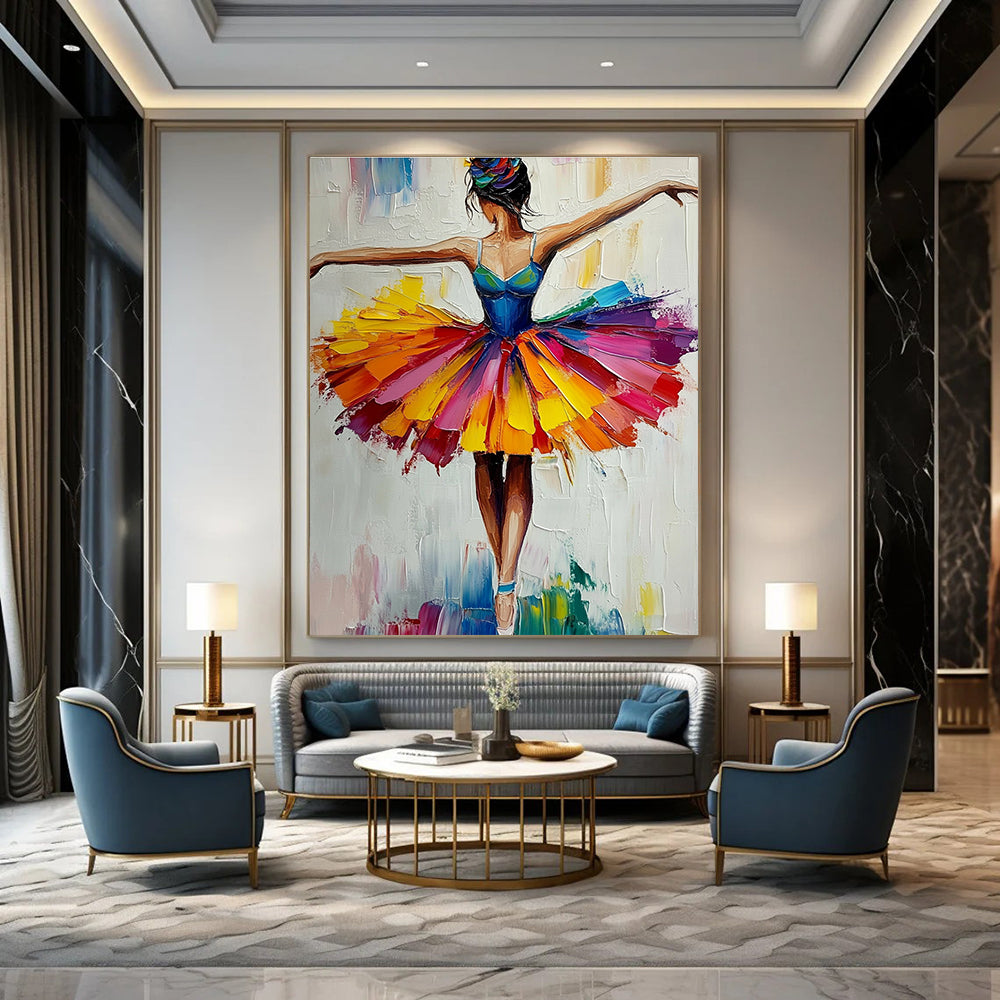 Large abstract painting of a ballerina in a colorful tutu with vibrant brush strokes and palette knife techniques against a white background.STSC156