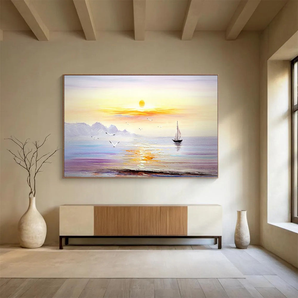 Sunset Sea Sail Abstract Painting with Orange, Purple, and Blue Tones THY181