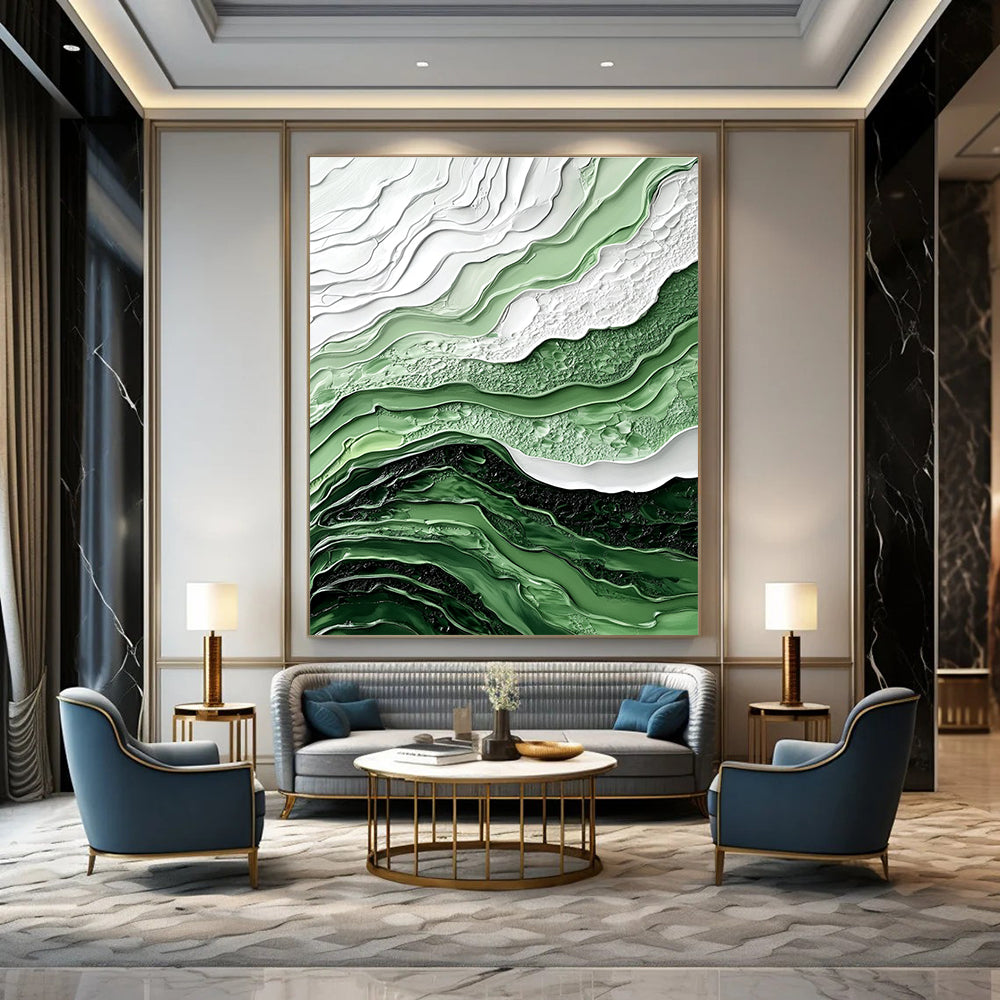 Large abstract painting in shades of green and white features fluid lines and waves with intricate details and a hyper-realistic texture.STSC445