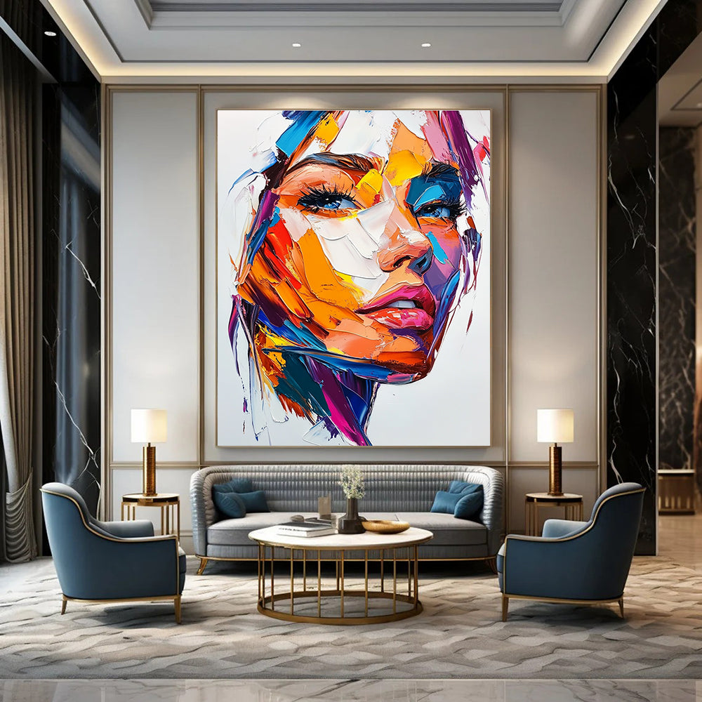 Large abstract painting of a woman's face featuring vibrant colors bold brush strokes and intense emotion on a white background.STSC457