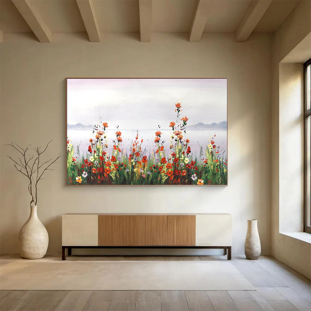 Wildflower Lake Abstract Painting with Red, Yellow, White, and Green Tones THY189