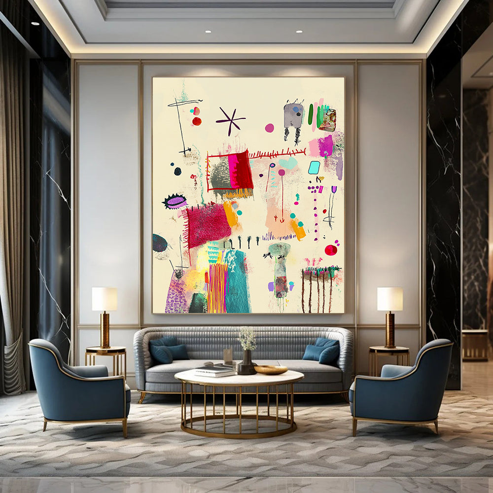 Large abstract painting featuring Mingei style with red lines colorful patterns and embroidered details on a light beige background.STSC1323