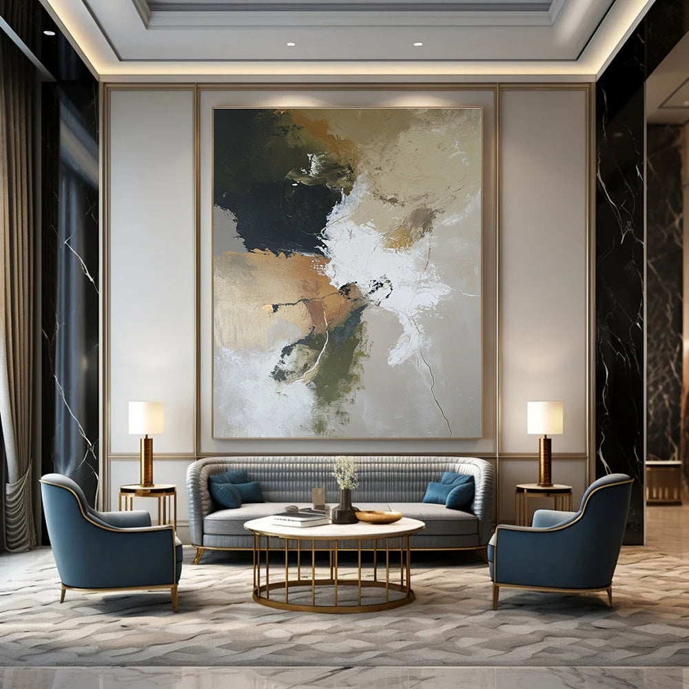 Large abstract painting depicting a desolate landscape with earthy tones and soft lighting in oil on canvas.STSC254