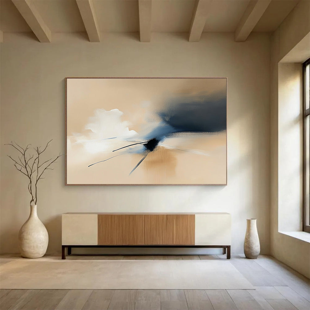Large abstract painting featuring ethereal cloud forms in beige and blue tones with smooth brushwork and soft edges.SC178