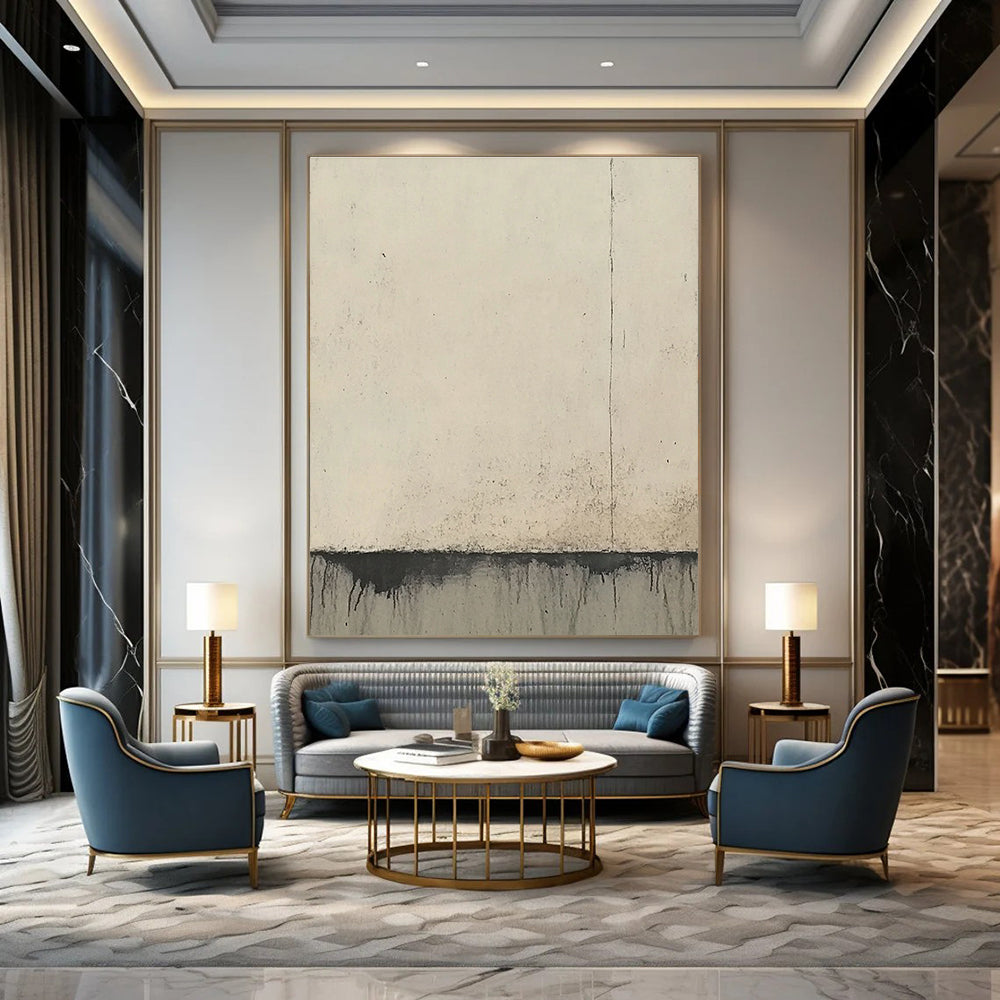 Large Abstract Painting Featuring Concrete Wall Edges In Soft Beige And Gray Tones Evoking Simplicity And Elegance.STSC950