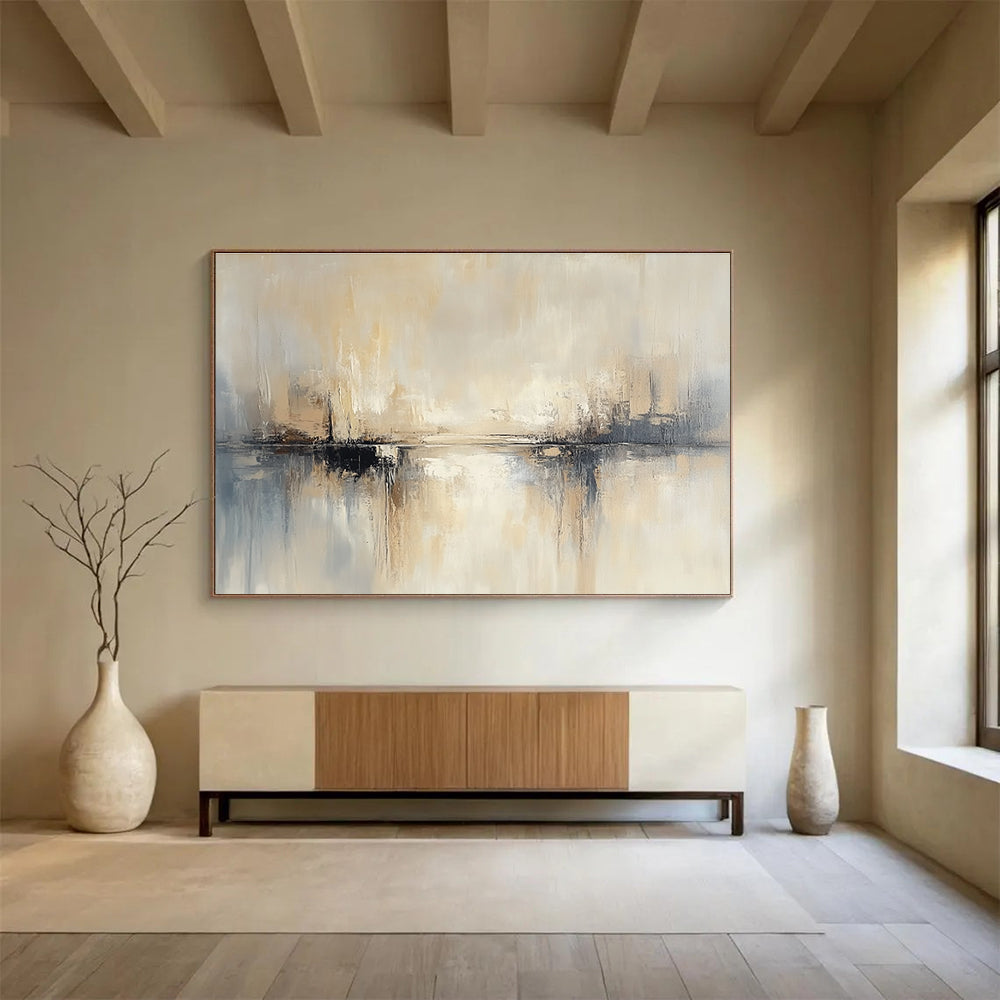 Large abstract painting featuring beige and grey tones soft edges and blurry water reflections against a neutral background.SC227