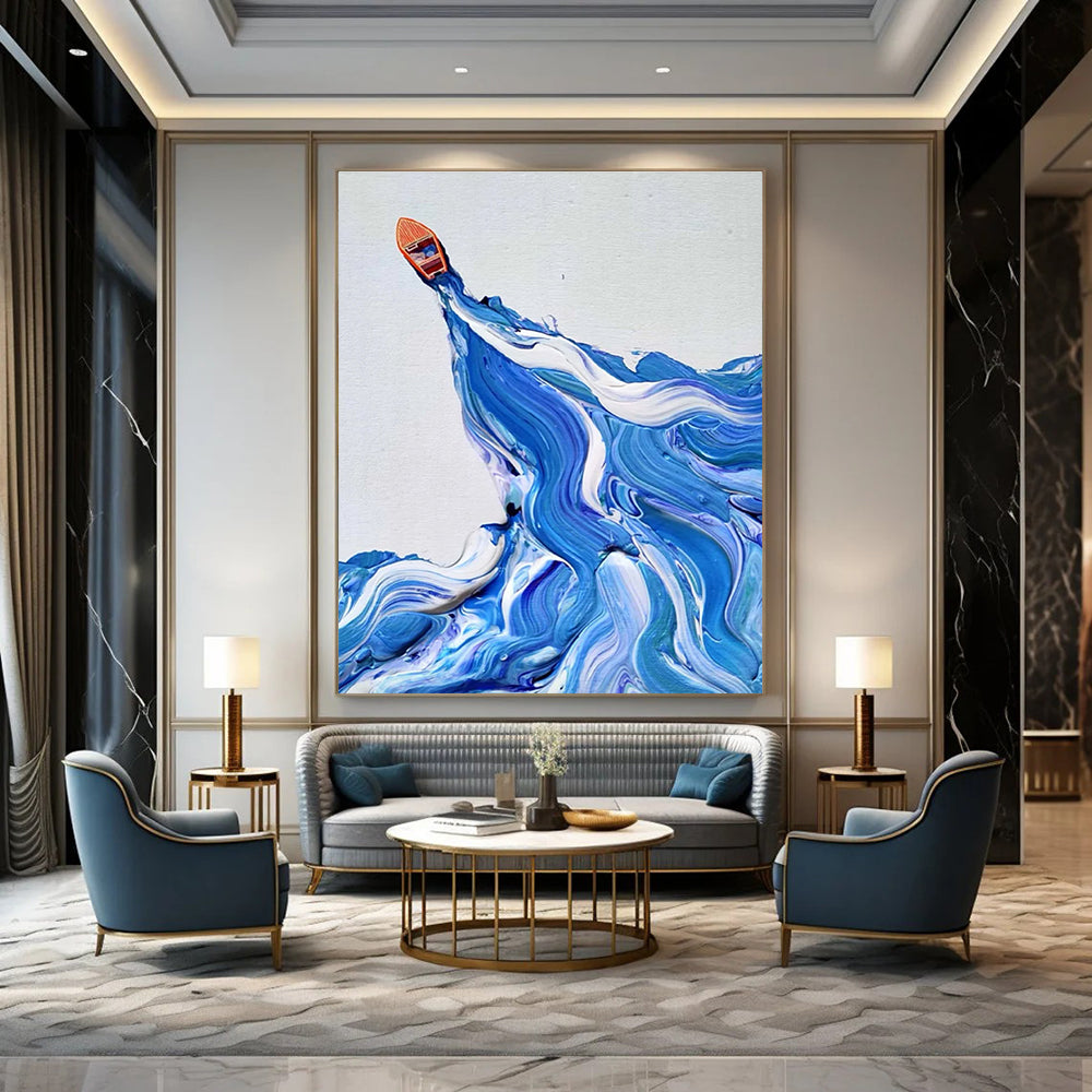 Blue and White Wave Boat Abstract Painting with Textured Seas ADGE321