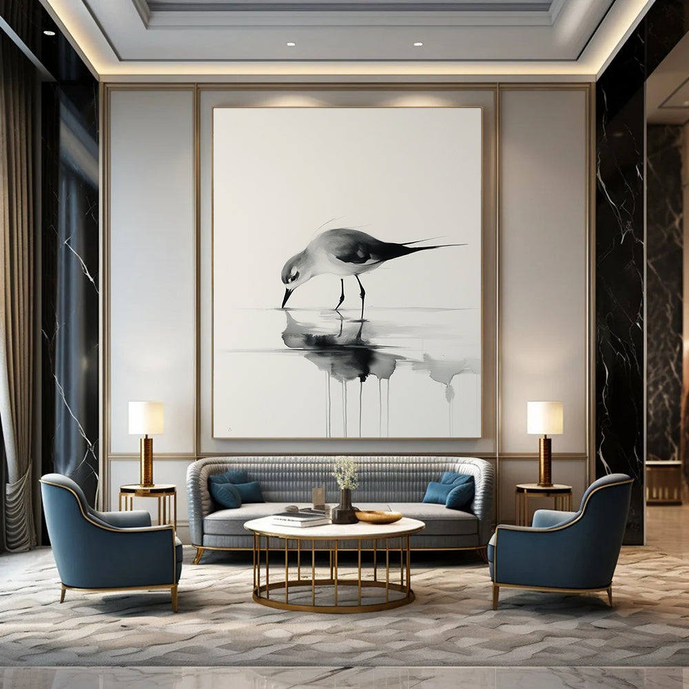 A large abstract painting featuring a bird walking on water with delicate brushstrokes in black and gray tones against a white background.STSC906