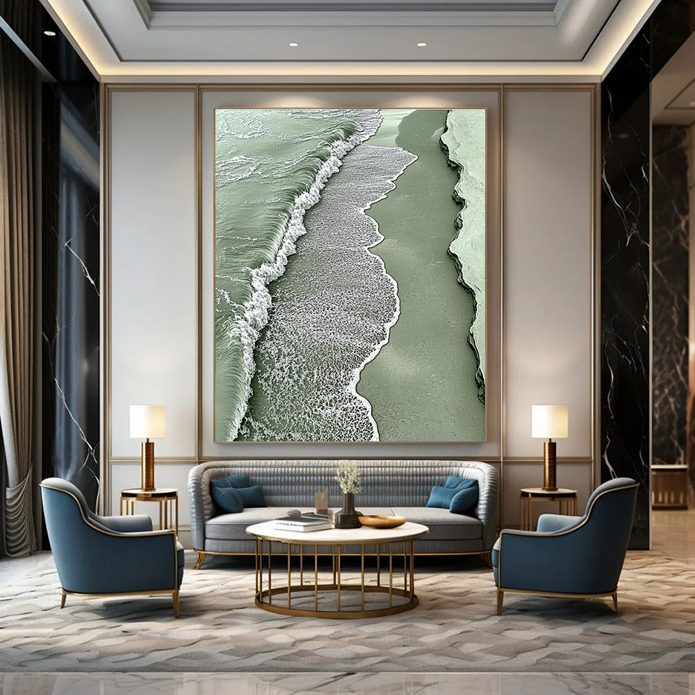 A large abstract painting featuring a light green sea with white foam and sandy waves evokes tranquility and nature's beauty.STSC533