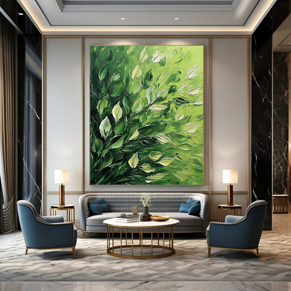 Large Abstract Painting Featuring Lush Foliage With Thick Brush Strokes Set Against A High Contrast Vibrant Green Background.STSC1310