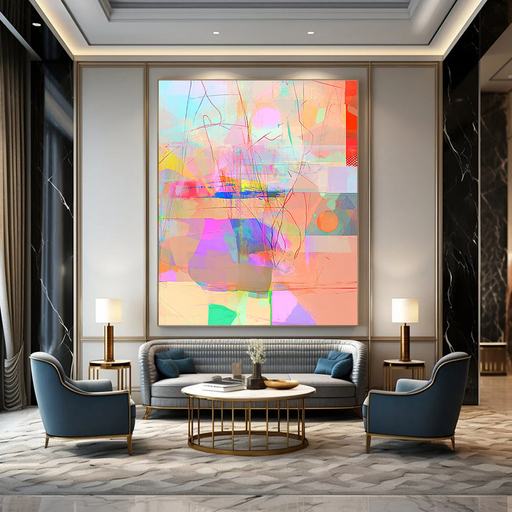 Large Abstract Artwork Blending Minimalism Impressionist Cubofuturism and Glitch Effects in Dreamy Pastel Gradients with Depth and Light Highlights.STSC981