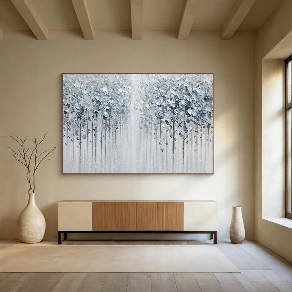 Silver Forest Abstract Painting with Metallic and Neutral Tones THY274