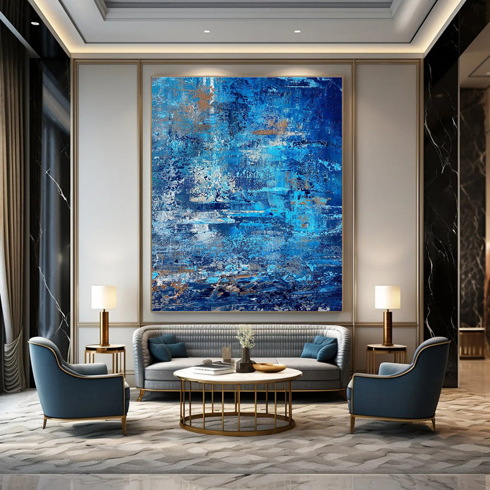 Blue - Gold Textured Abstract Painting with Layered Brushstrokes ADGE457