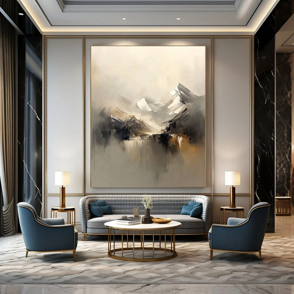 Abstract painting of snowy mountains in a foggy beige and grey palette featuring soft brush strokes for a serene atmosphere.STSC699