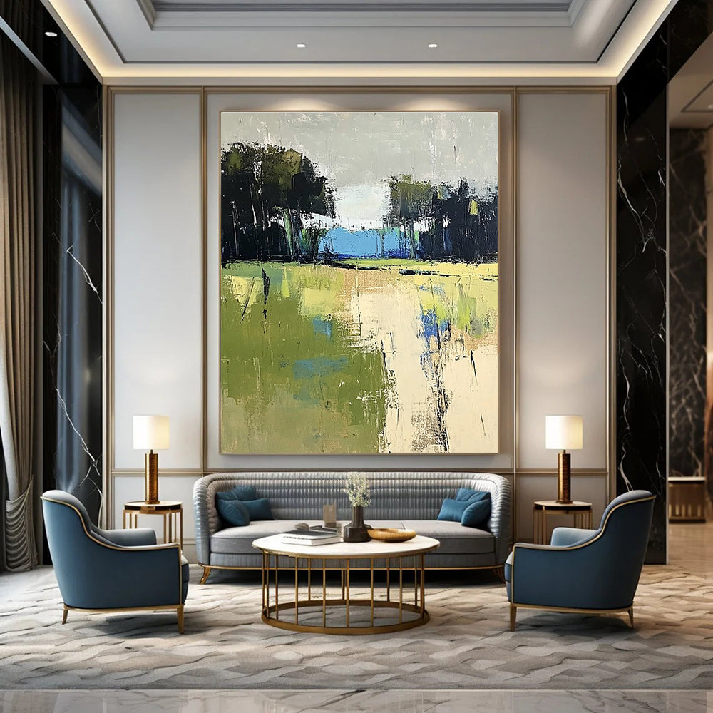 Large abstract painting featuring green and blue fields with distant trees in beige and dark gray tones on a textured canvas.STSC186
