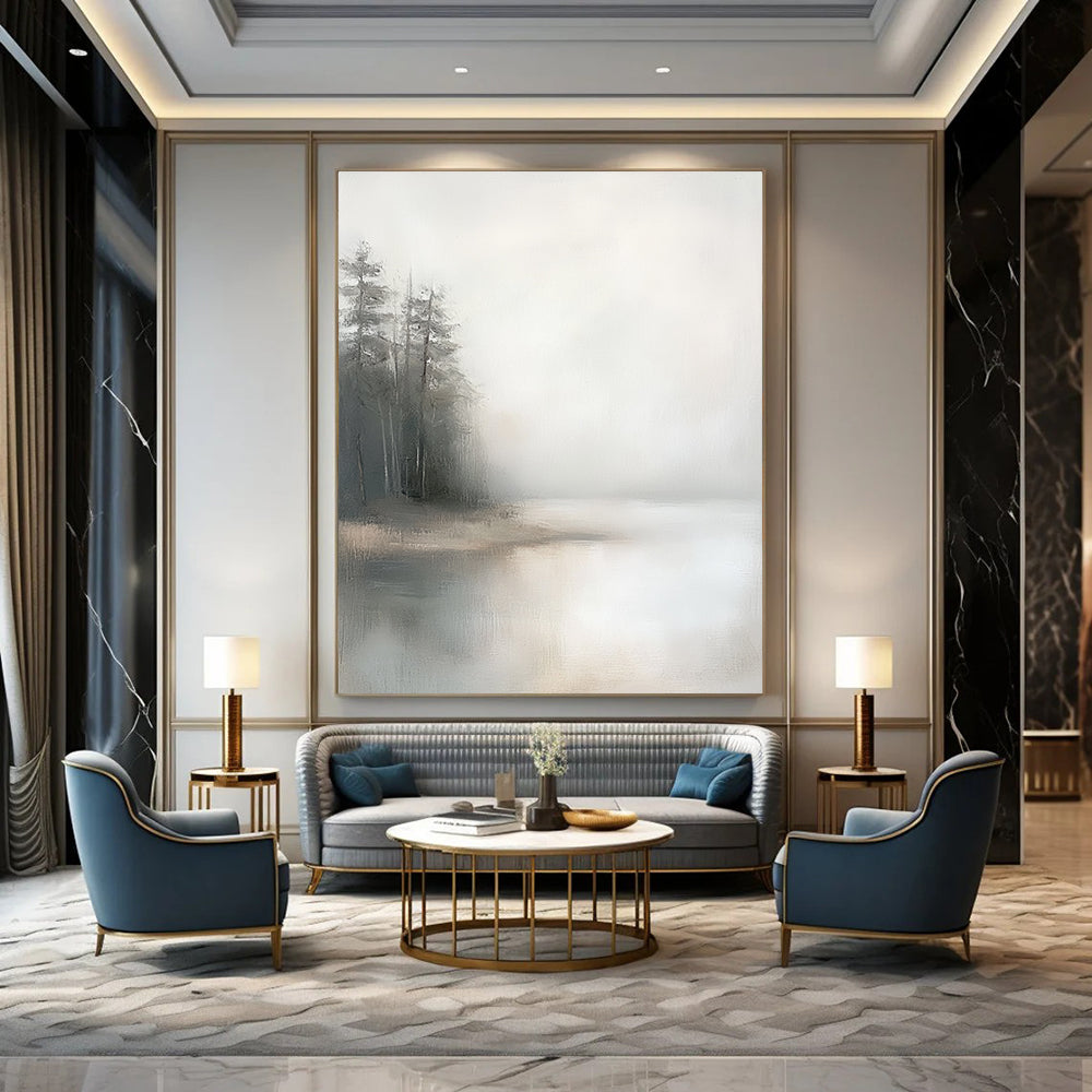 Large abstract painting featuring a minimalist composition with a foggy sky muted colors and distant pine trees on oil linen canvas.STSC089