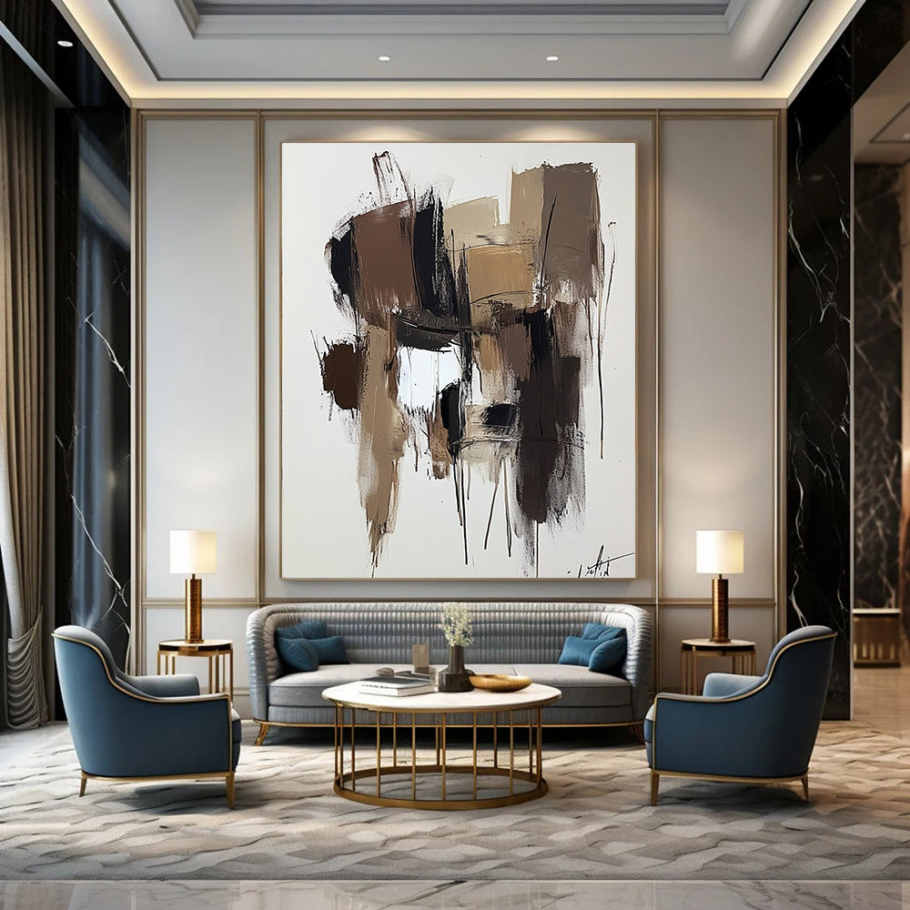 Large abstract painting in brown and beige with thick brush strokes on a dark gray background showcasing modern art style and neutral tones.STSC746