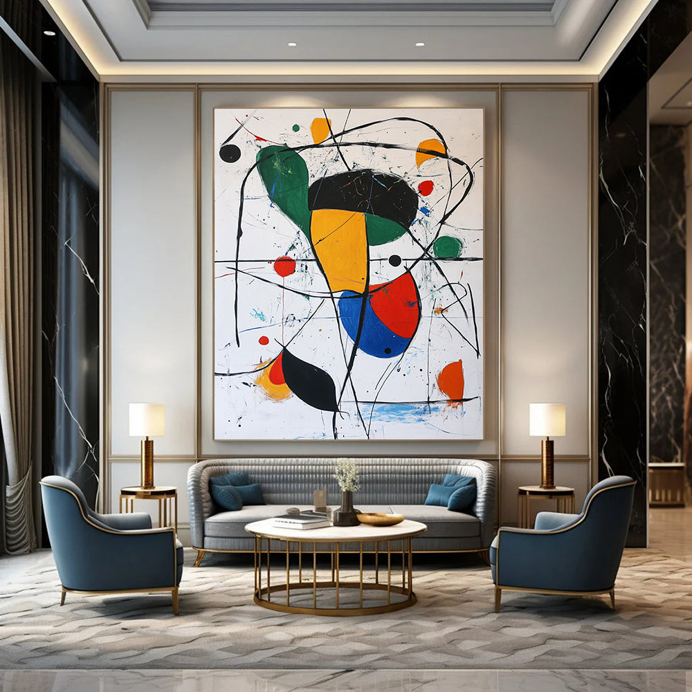Large abstract painting featuring simple shapes and lines in black red green yellow and white with small colorful dots in a Joan Miro style.STSC377