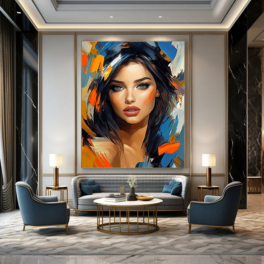 Vibrant abstract painting featuring a stunning woman's portrait with bold colors and sharp focus capturing her beauty and elegance.STSC1270