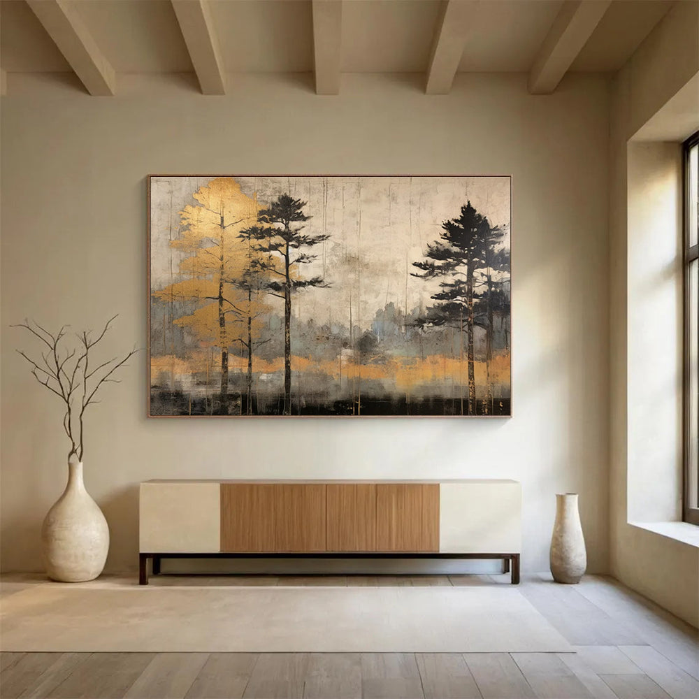 Golden Tree and Neutral Toned Forest Abstract Painting THY105