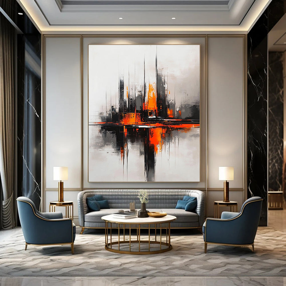 Abstract painting of a futuristic cityscape in grey and orange tones inspired by Richard Anderson's style.STSC285