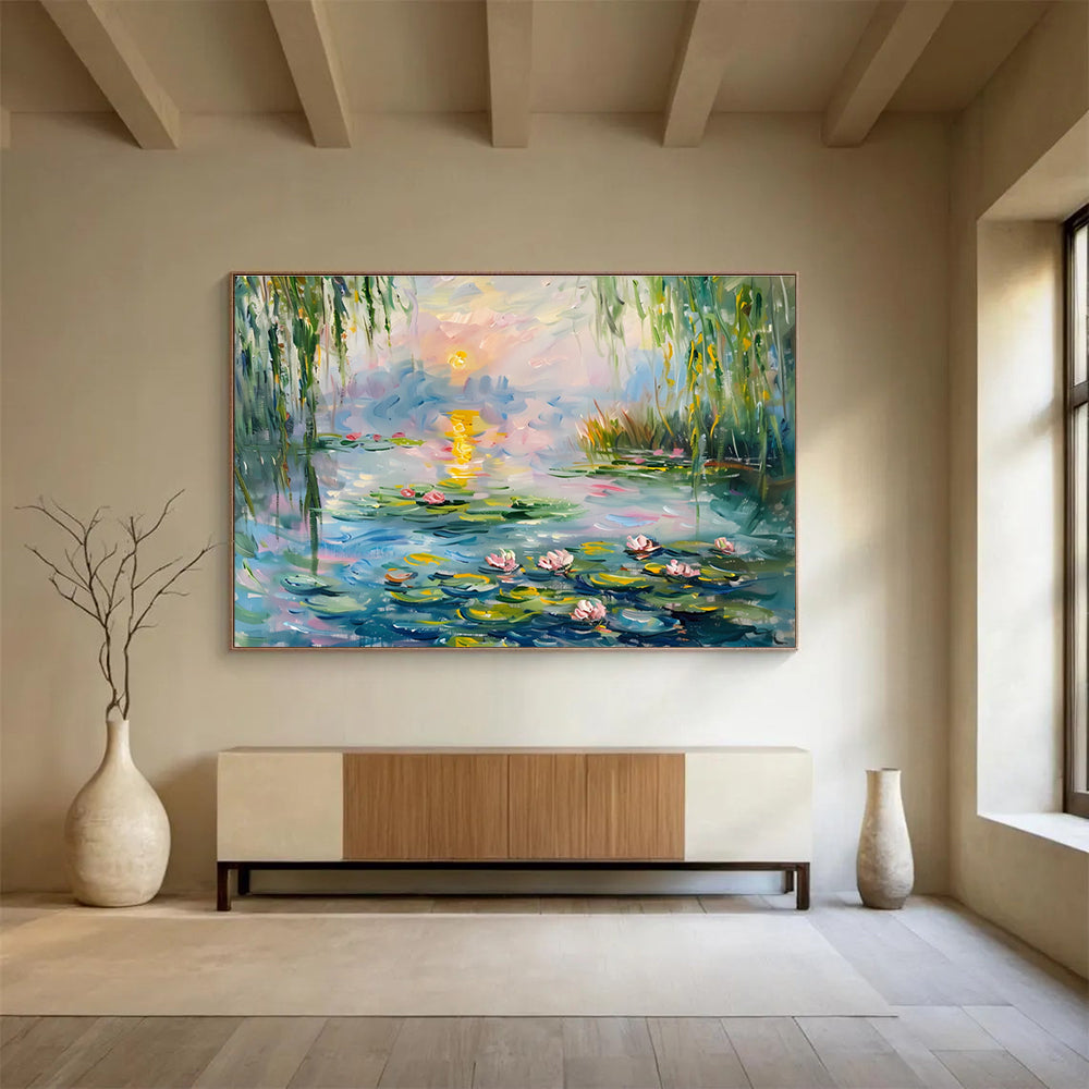 Water Lily Pond Abstract Painting with Pink, Green, and Blue Tones THY194