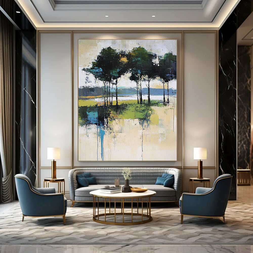 Large abstract painting featuring expressive brush strokes with trees and a lake in soft pale green and beige tones.STSC118