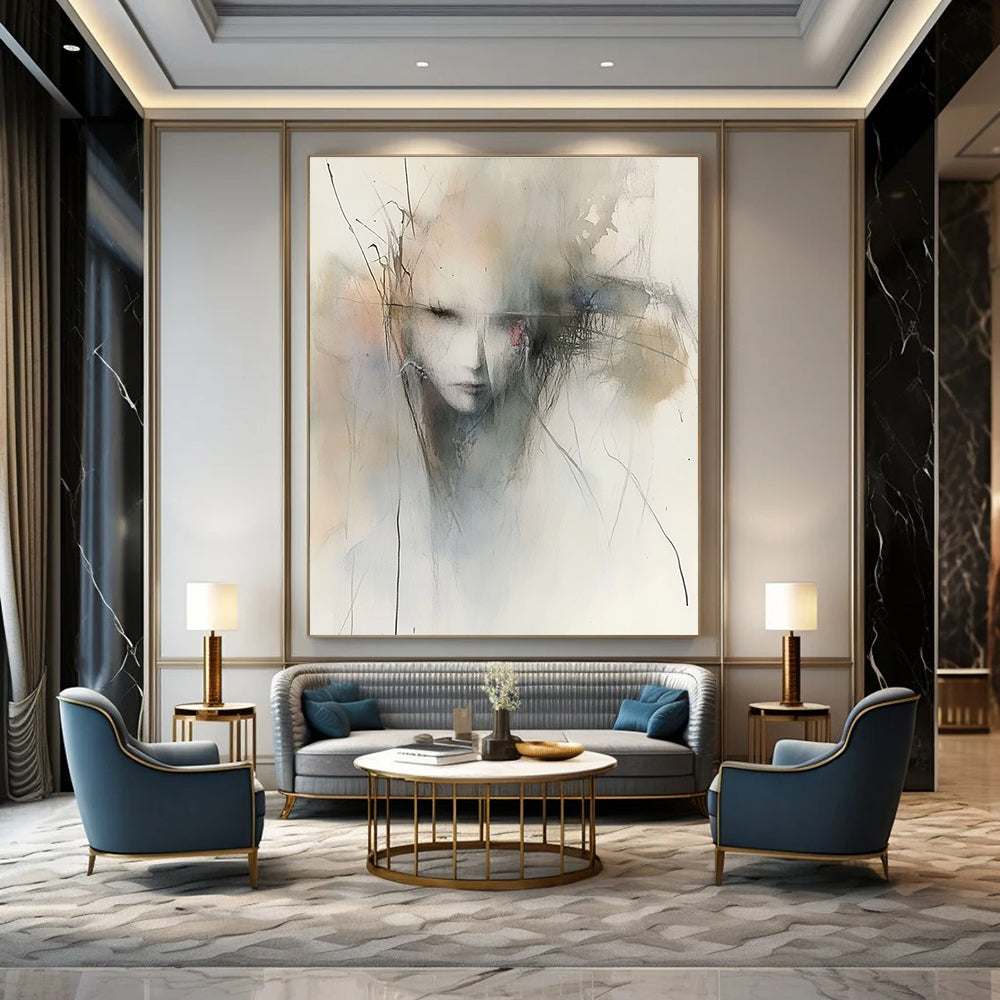 Large abstract watercolor painting featuring atmospheric muted tones and emotional gestures inspired by Peter Wileman and Cecily Brown.STSC840
