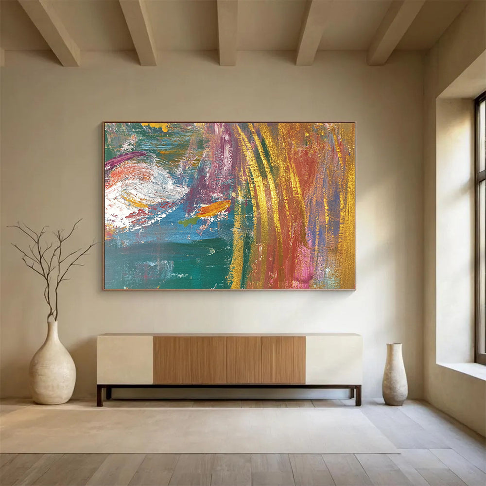 Large abstract painting with layered textures and vibrant colors featuring two fish in motion within a dynamic background.SC442