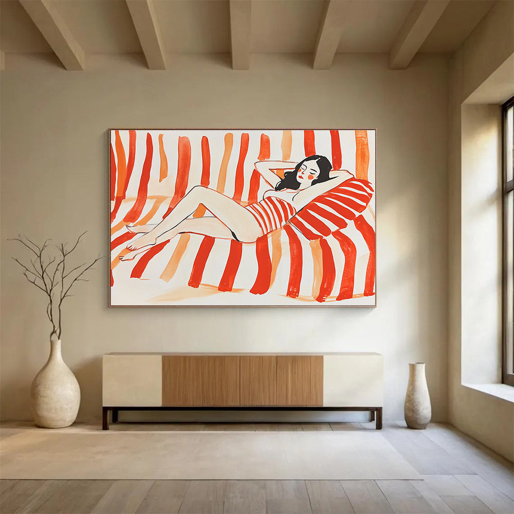 Woman Lounging on Stripes Abstract Painting with Red and White DYP164