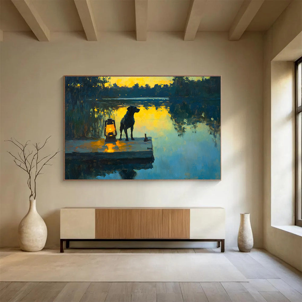 Dog by the Lake at Sunset Realistic - Abstract Painting with Warm Yellows DYP591