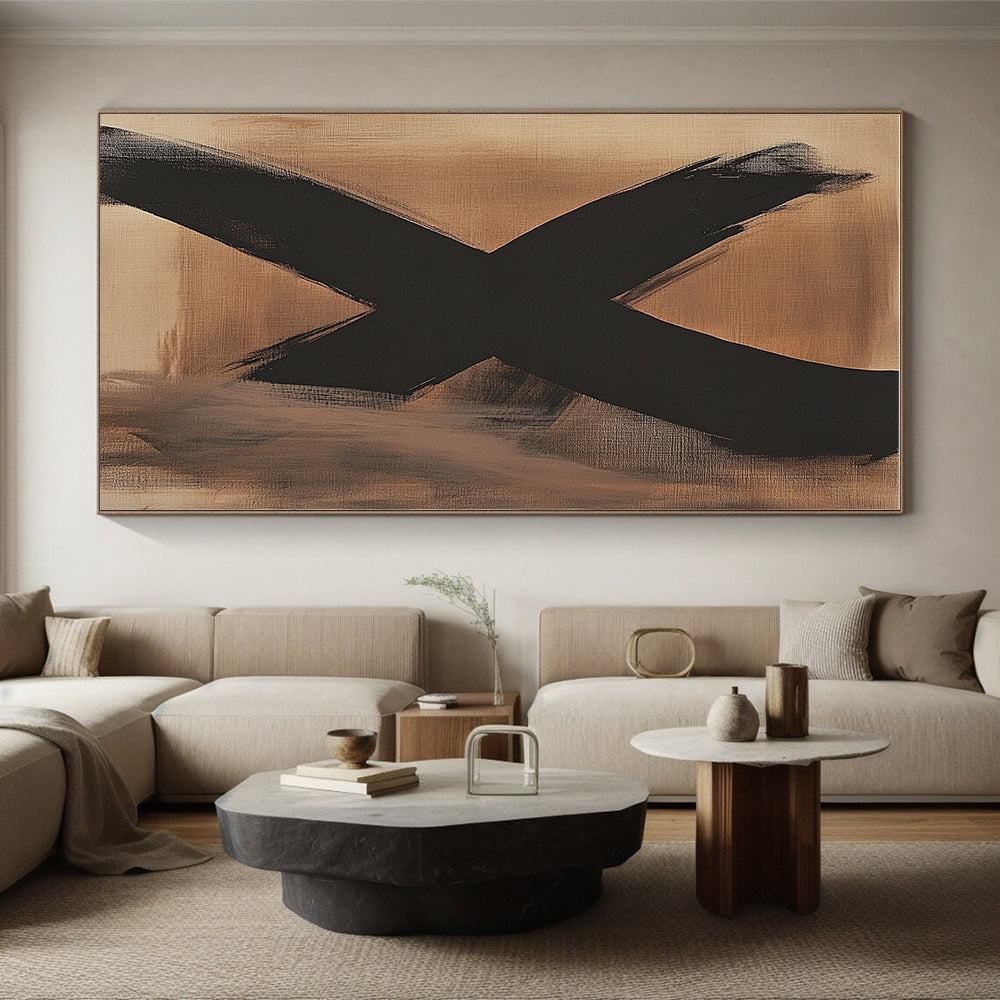Black X on Beige Abstract Painting with Bold Brushstrokes GER017