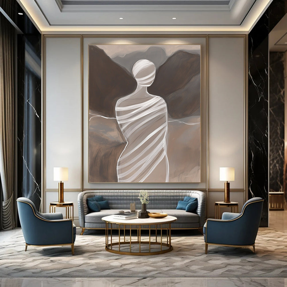 Large abstract painting featuring a faceless woman in striped fabric atop Mount Lao with delicate lines minimalist style and subtle color transitions.STSC1268