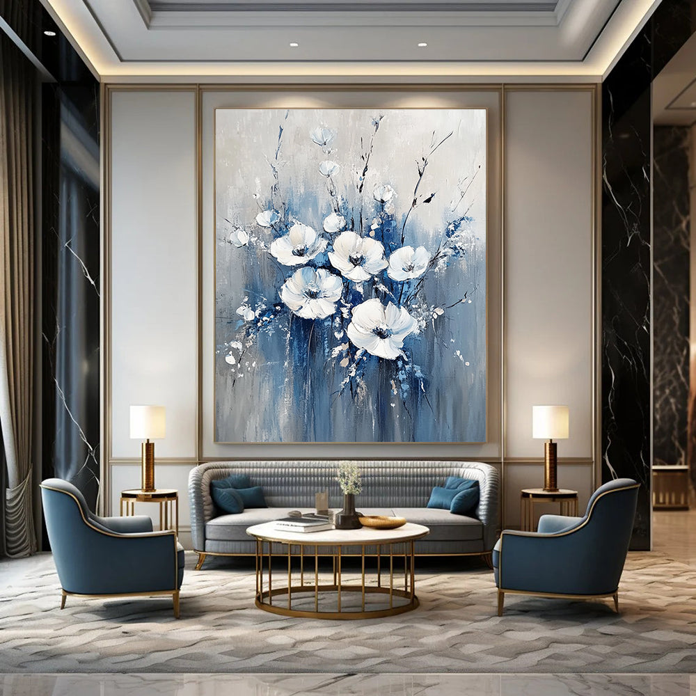 Large Abstract Blue and White Flowers Painting featuring soft gray background white flowers and light blue accents for a serene decor atmosphere.STSC035