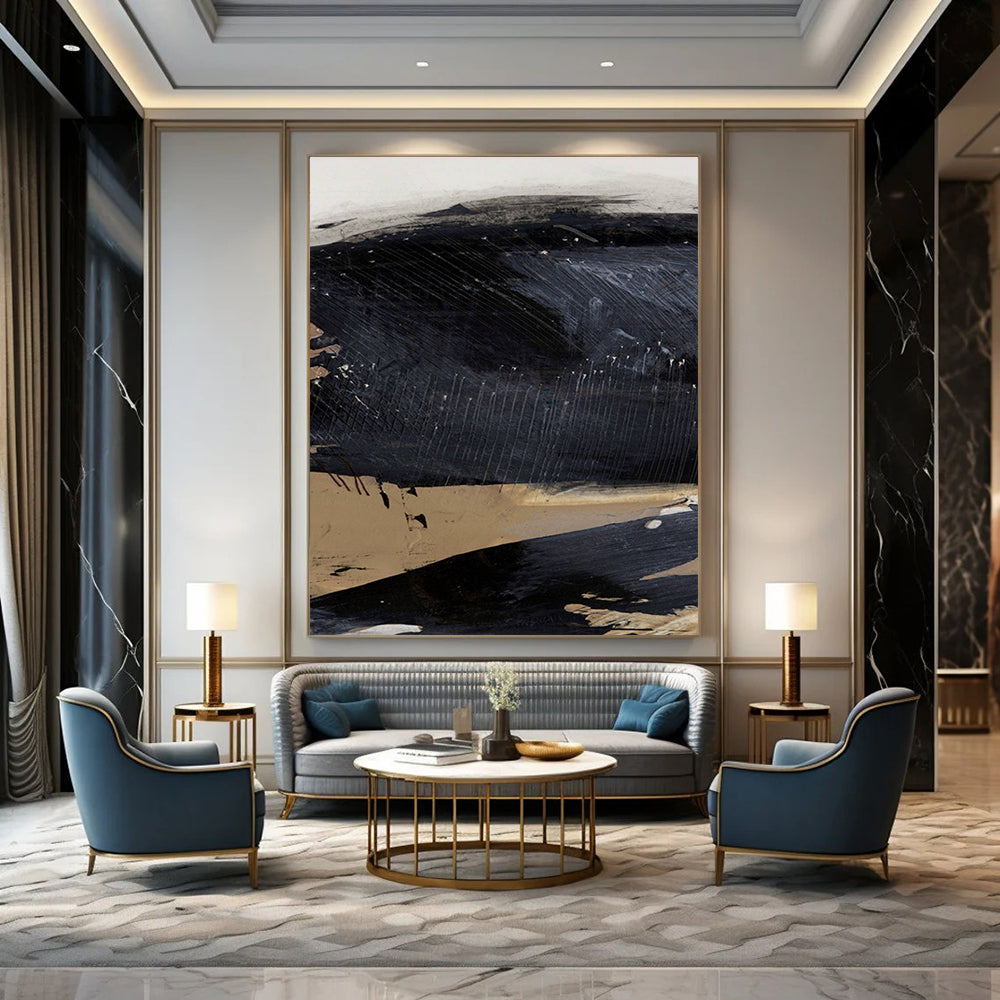 Dark Abstract with Linear Details and Earthy Tones Painting ADGE203