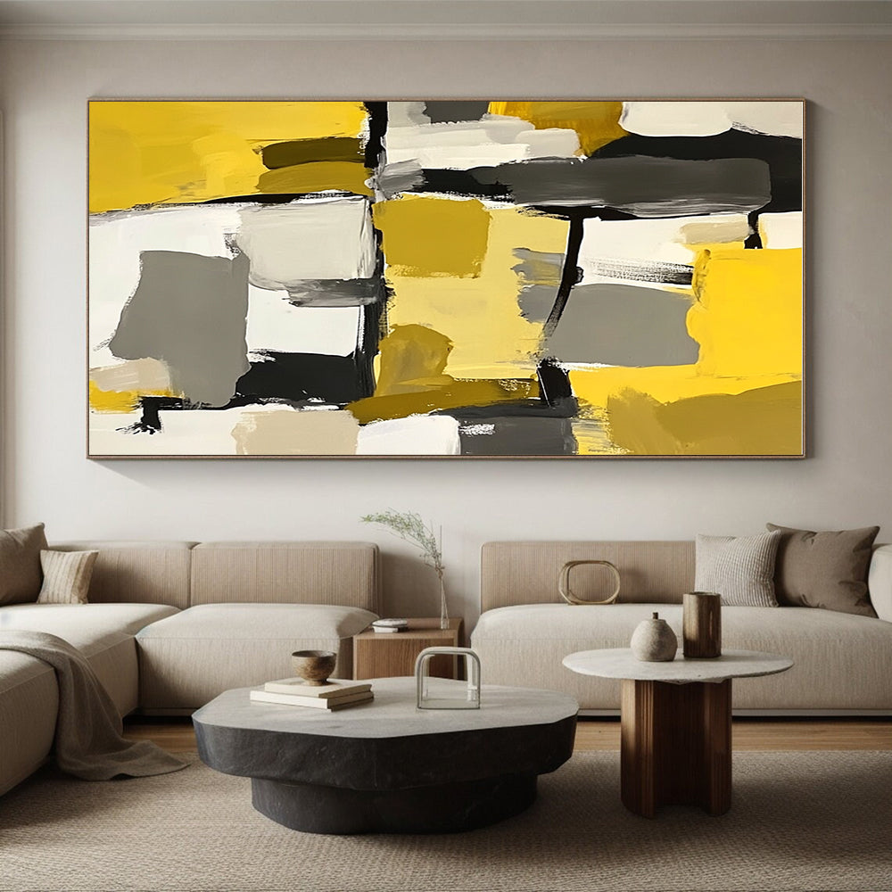 Yellow Gray Black and White Abstract Painting with Geometric Shapes GER646