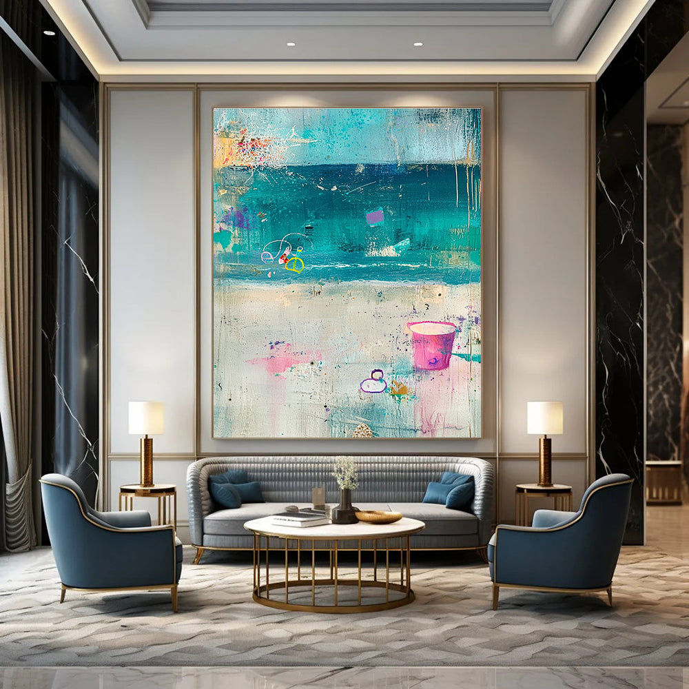 Large abstract painting featuring a pastel beach scene with elements of the sea sand and sky in soft tones set against a textured gray background.STSC1101