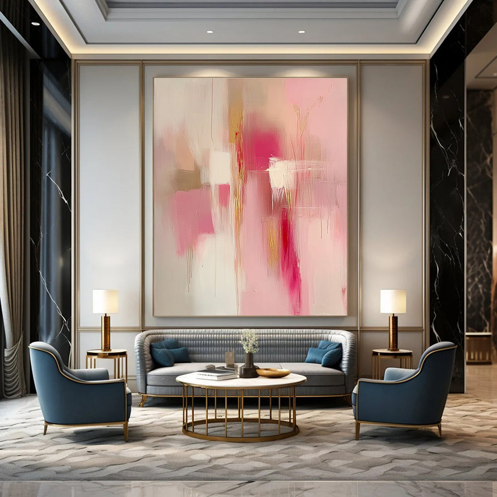 Large abstract painting in pink and gold tones featuring soft edges blurred details and emotional depth creating a serene romantic atmosphere.STSC784