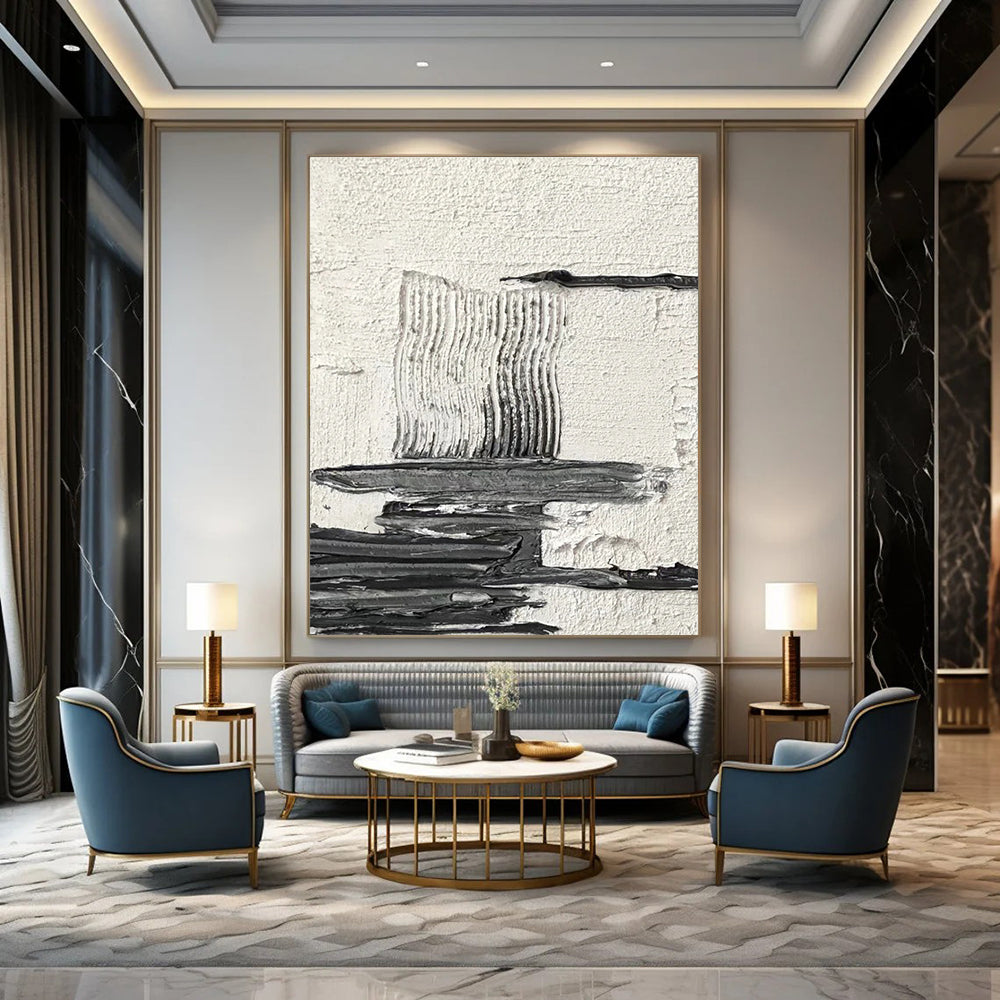 Black and White Layered Textured Abstract Painting ADGE388
