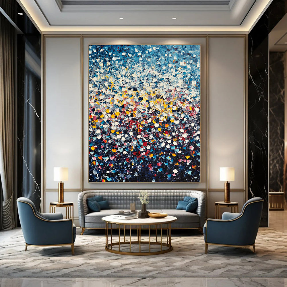 Large abstract painting featuring thousands of tiny flowers in blue yellow and red against a dark gradient background in Whistler's impressionistic style.STSC1140