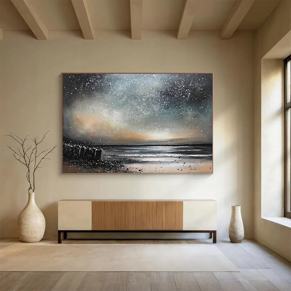 An abstract painting of a night sky over the ocean with silver and bronze stars falling like snow, crafted in oil on canvas.SC529
